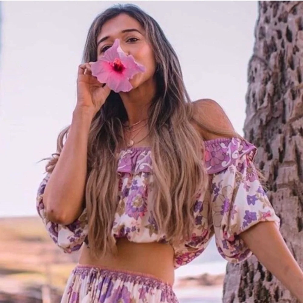 Waverly Boho Pink Floral Print Off Shoulder Crop top Maxi Skirt Set - Picture 14 of 16